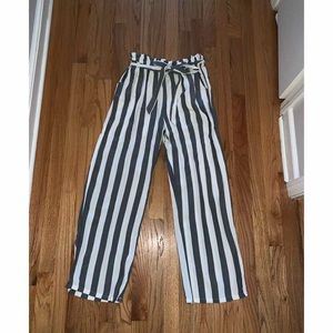 loose flowing gray and white striped pants